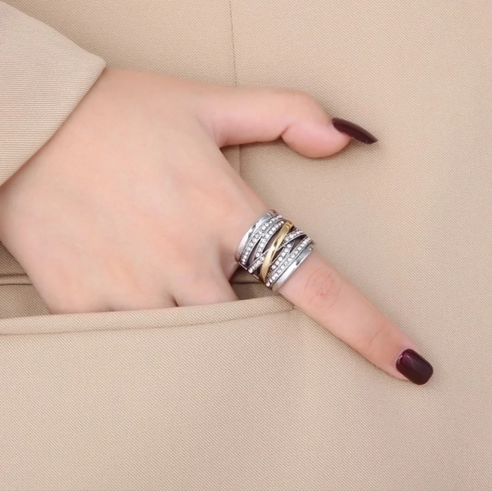 Stainless steel silver and gold tone chunky statement ring new